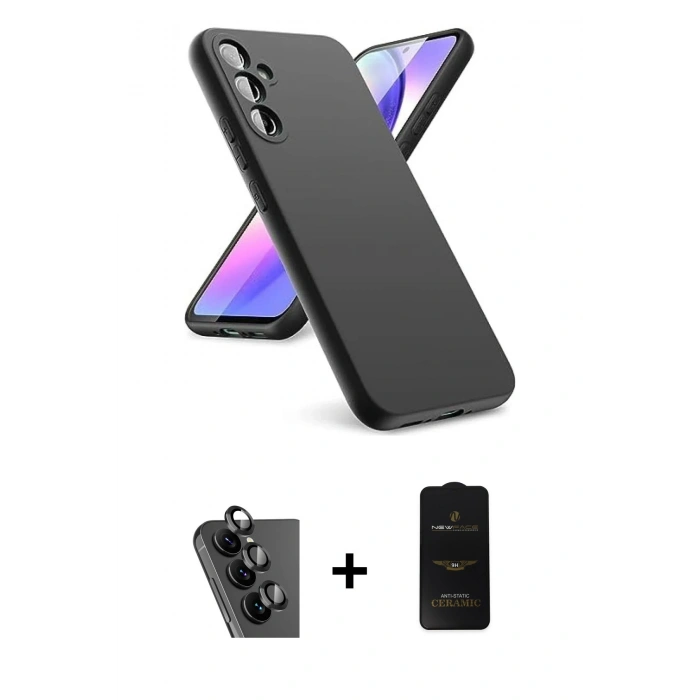 MARSİLYAN™- Galaxy A24 4G Kılıf Kozmos Yansıma Özel Seri - Siyah 6D Antistatik Mat Seramik Hayalet Nano Ekran Koruyucu + Siyah Valdez Metal Kamera Lens