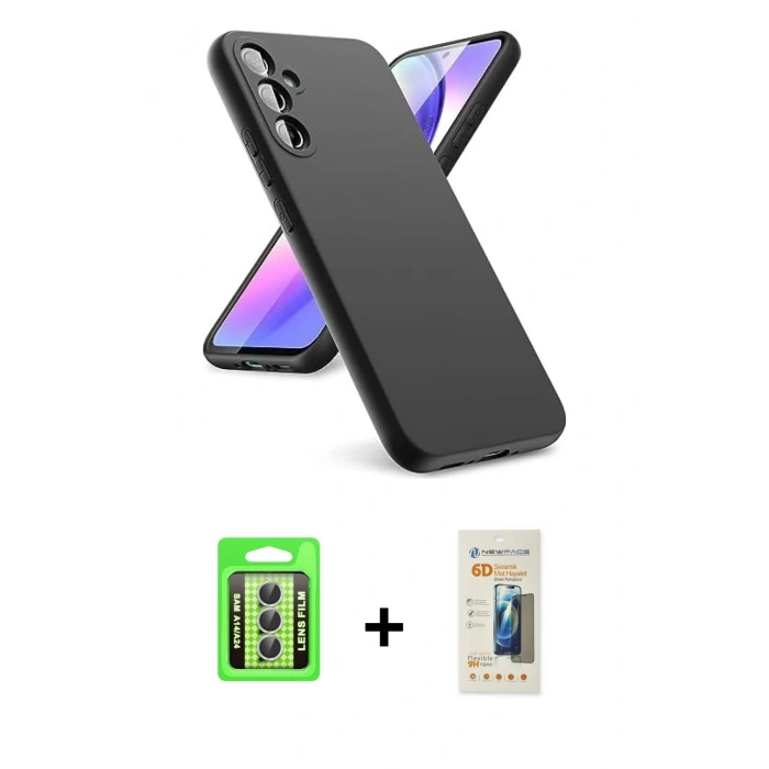 MARSİLYAN™- Galaxy A24 4G Kılıf Kozmos Yansıma Özel Seri - Siyah 6D Mat Seramik Hayalet Nano Ekran Koruyucu + Raze Metal Kamera Lens - GS