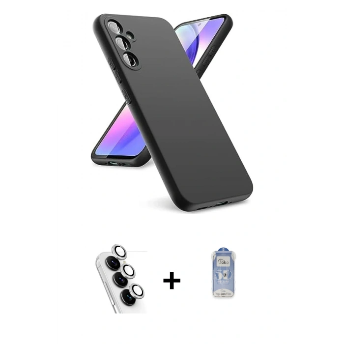 MARSİLYAN™- Galaxy A24 4G Kılıf Kozmos Yansıma Özel Seri - Siyah Joko Magic 5D Cam + Gümüş Valdez Metal Kamera Lens