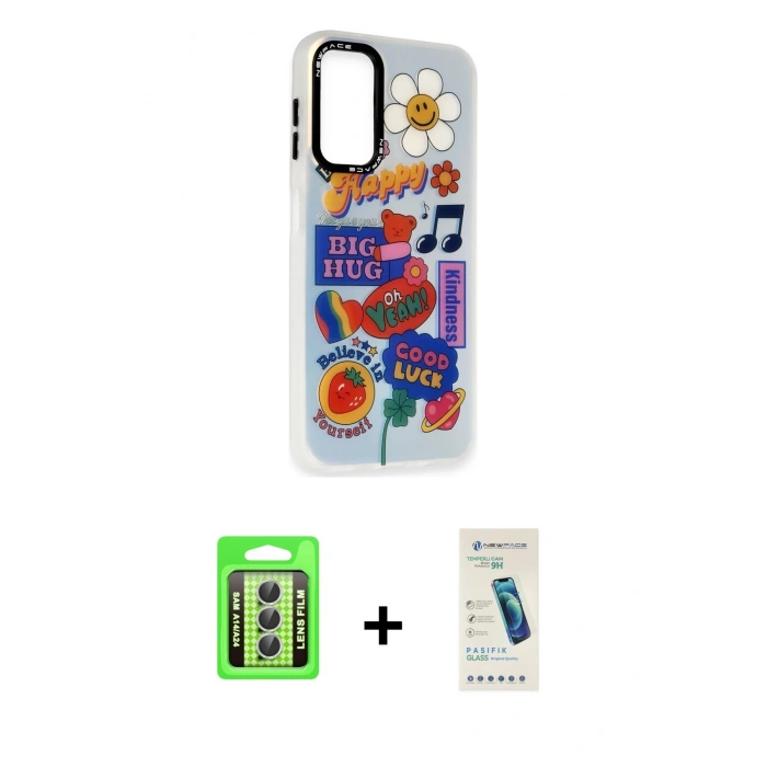 MARSİLYAN™- Galaxy A24 4G Kılıf Siluet Çizgi Koleksiyonu - Şeffaf Pasifik Cam Ekran Koruyucu + Raze Metal Kamera Lens - GS