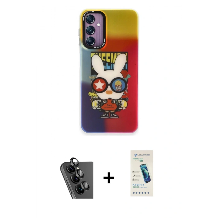 MARSİLYAN™- Galaxy A24 4G Kılıf Siluet Çizgi Koleksiyonu - Şeffaf Pasifik Cam Ekran Koruyucu + Valdez Metal Kamera Lens - SH