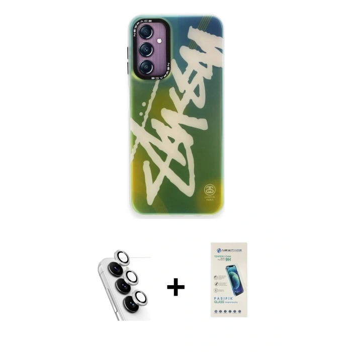 MARSİLYAN™- Galaxy A24 4G Kılıf Siluet Çizgi Koleksiyonu - Şeffaf Pasifik Cam Ekran Koruyucu + Valdez Metal Kamera Lens - GS