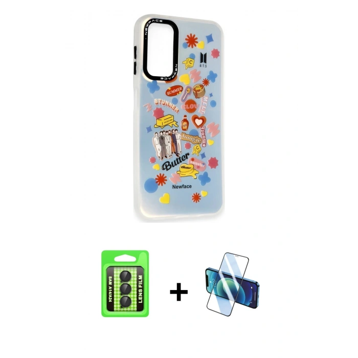 MARSİLYAN™- Galaxy A24 4G Kılıf Siluet Çizgi Koleksiyonu - Siyah 3D Antistatik Cam Ekran Koruyucu + Raze Metal Kamera Lens - SH