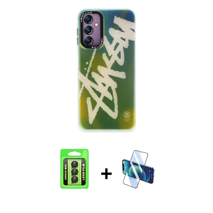 MARSİLYAN™- Galaxy A24 4G Kılıf Siluet Çizgi Koleksiyonu - Siyah 3D Antistatik Cam Ekran Koruyucu + Raze Metal Kamera Lens - SH