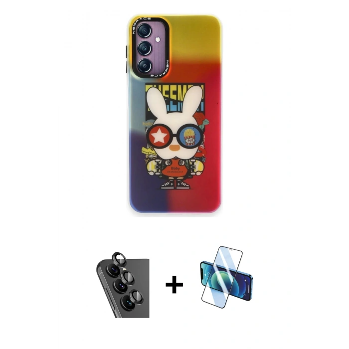 MARSİLYAN™- Galaxy A24 4G Kılıf Siluet Çizgi Koleksiyonu - Siyah 3D Antistatik Cam Ekran Koruyucu + Valdez Metal Kamera Lens - SH