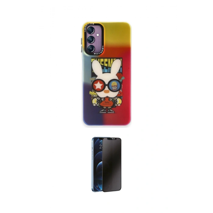 MARSİLYAN™- Galaxy A24 4G Kılıf Siluet Çizgi Koleksiyonu - Siyah 3D Antistatik Hayalet Cam Ekran Koruyucu