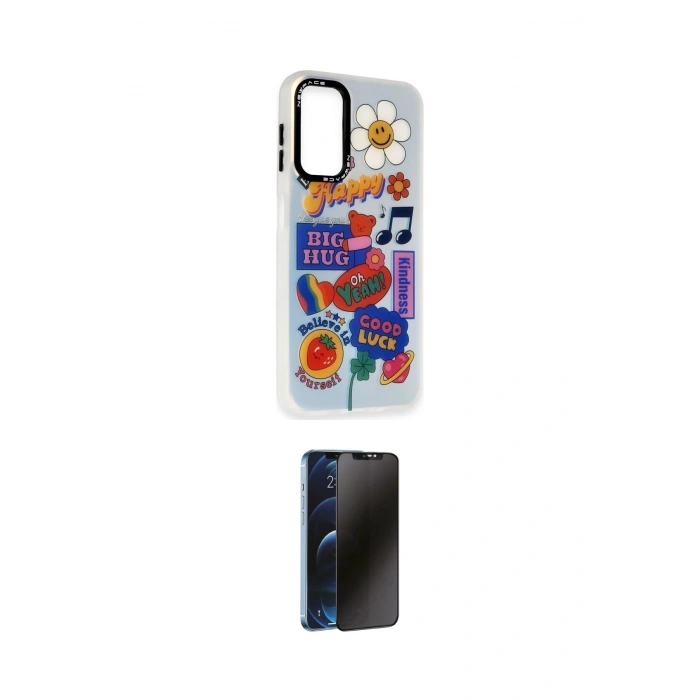 MARSİLYAN™- Galaxy A24 4G Kılıf Siluet Çizgi Koleksiyonu - Siyah 3D Antistatik Hayalet Cam Ekran Koruyucu