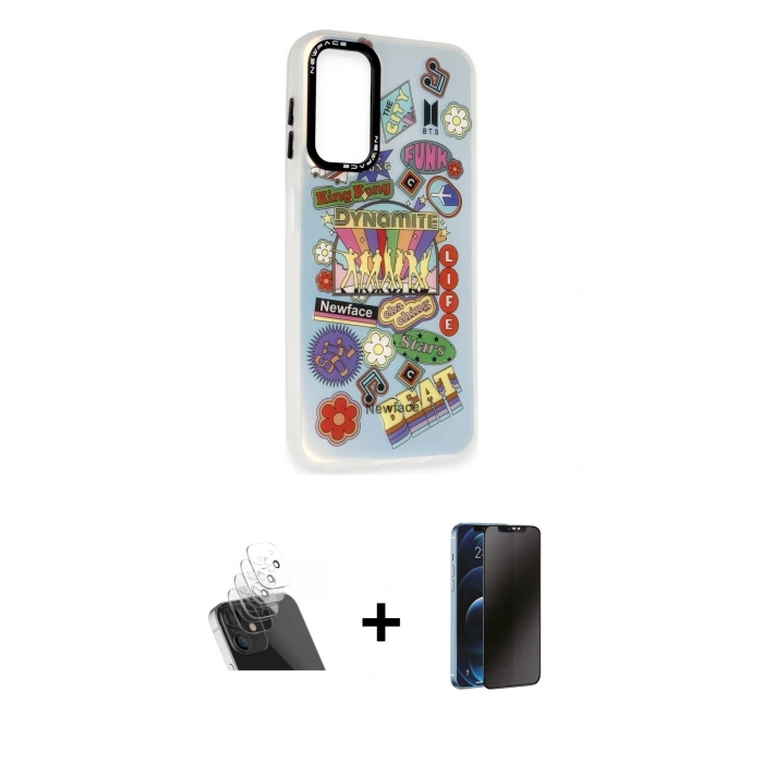 MARSİLYAN™- Galaxy A24 4G Kılıf Siluet Çizgi Koleksiyonu - Siyah 3D Antistatik Hayalet Cam Ekran Koruyucu + Kamera Lens Koruma Cam - SF