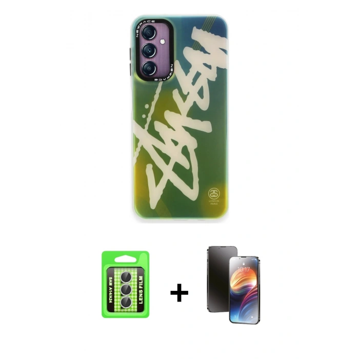 MARSİLYAN™- Galaxy A24 4G Kılıf Siluet Çizgi Koleksiyonu - Siyah 3D Antistatik Mat Seramik Nano Ekran Koruyucu + Raze Metal Kamera Lens - GS