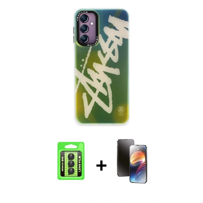 MARSİLYAN™- Galaxy A24 4G Kılıf Siluet Çizgi Koleksiyonu - Siyah 3D Antistatik Mat Seramik Nano Ekran Koruyucu + Siyah Raze Metal Kamera Lens