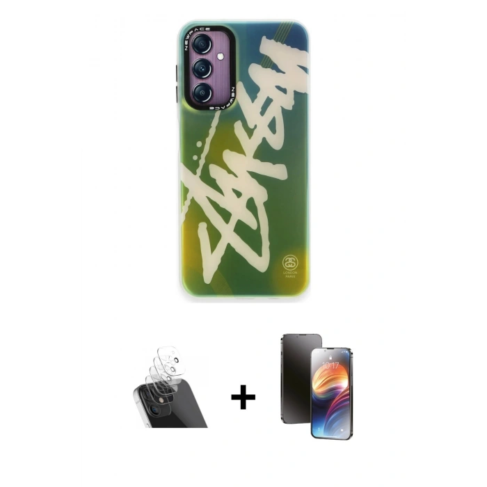 MARSİLYAN™- Galaxy A24 4G Kılıf Siluet Çizgi Koleksiyonu - Siyah 3D Antistatik Mat Seramik Nano Ekran Koruyucu + Şeffaf Kamera Lens Koruma Cam