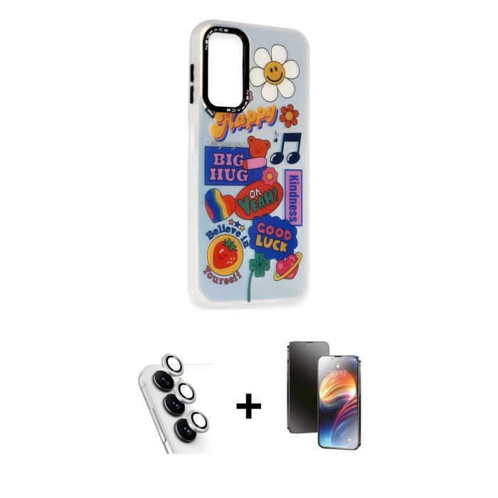 MARSİLYAN™- Galaxy A24 4G Kılıf Siluet Çizgi Koleksiyonu - Siyah 3D Antistatik Mat Seramik Nano Ekran Koruyucu + Valdez Metal Kamera Lens - GS