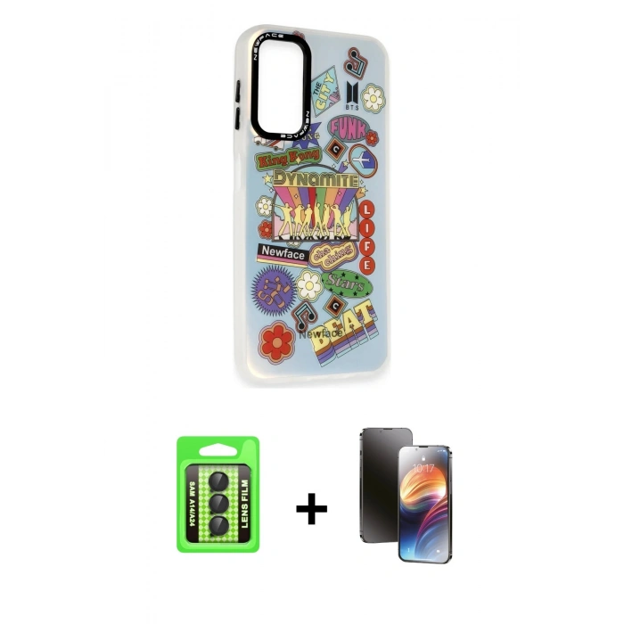 MARSİLYAN™- Galaxy A24 4G Kılıf Siluet Çizgi Koleksiyonu - Siyah 3D Antistatik Mat Seramik Nano Ekran Koruyucu + Siyah Raze Metal Kamera Lens