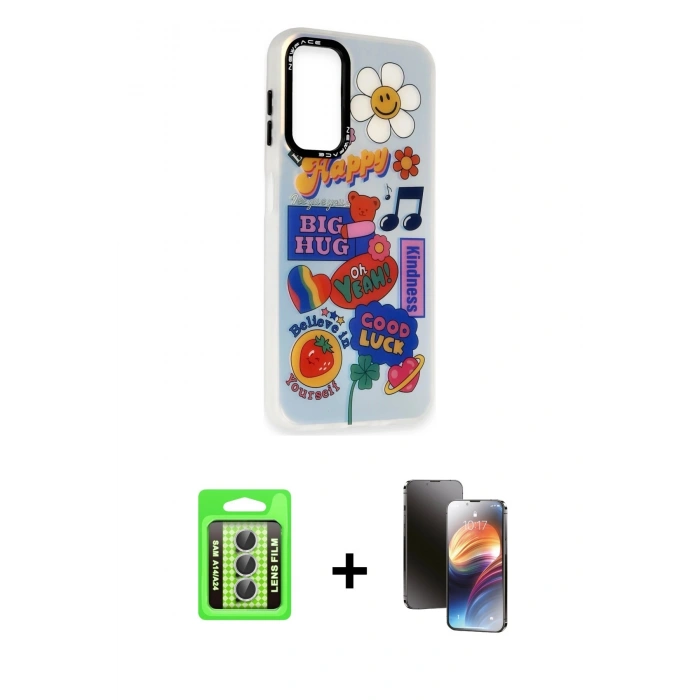 MARSİLYAN™- Galaxy A24 4G Kılıf Siluet Çizgi Koleksiyonu - Siyah 3D Antistatik Mat Seramik Nano Ekran Koruyucu + Raze Metal Kamera Lens - GS