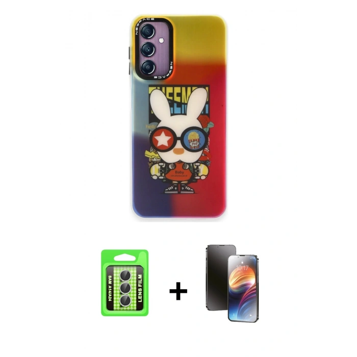 MARSİLYAN™- Galaxy A24 4G Kılıf Siluet Çizgi Koleksiyonu - Siyah 3D Antistatik Mat Seramik Nano Ekran Koruyucu + Raze Metal Kamera Lens - GS