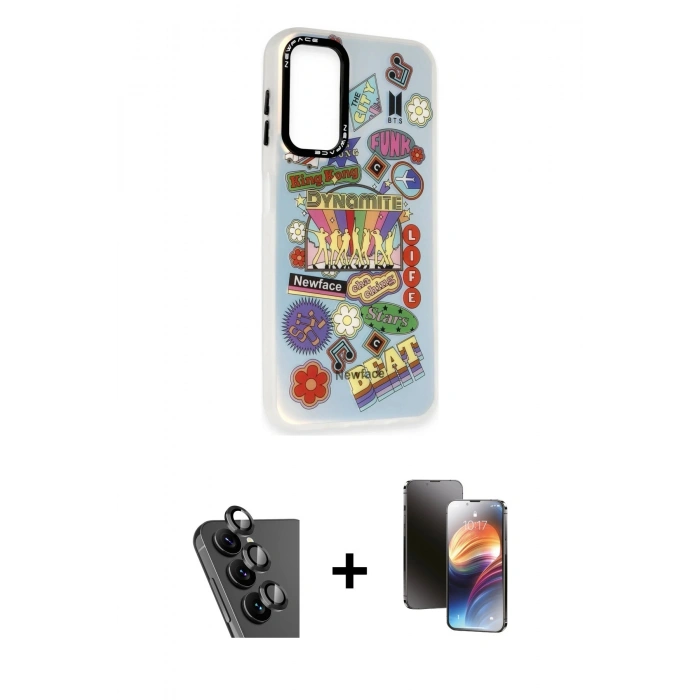 MARSİLYAN™- Galaxy A24 4G Kılıf Siluet Çizgi Koleksiyonu - Siyah 3D Antistatik Mat Seramik Nano Ekran Koruyucu + Valdez Metal Kamera Lens - SH