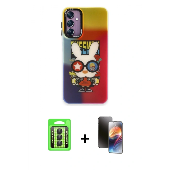 MARSİLYAN™- Galaxy A24 4G Kılıf Siluet Çizgi Koleksiyonu - Siyah 3D Antistatik Mat Seramik Nano Ekran Koruyucu + Siyah Raze Metal Kamera Lens