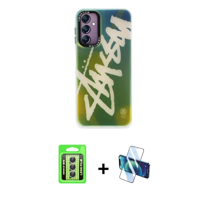 MARSİLYAN™- Galaxy A24 4G Kılıf Siluet Çizgi Koleksiyonu - Siyah 3D Antistatik Seramik Nano Ekran Koruyucu + Raze Metal Kamera Lens - GS