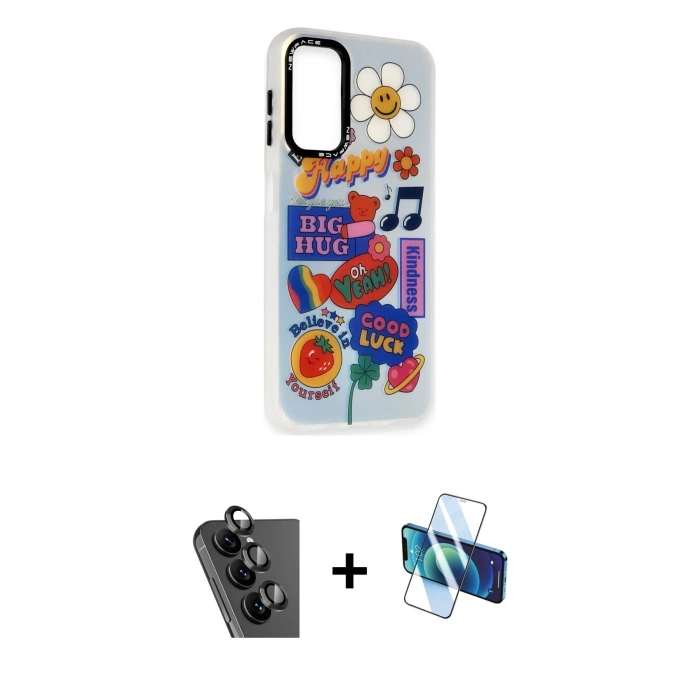 MARSİLYAN™- Galaxy A24 4G Kılıf Siluet Çizgi Koleksiyonu - Siyah 3D Antistatik Seramik Nano Ekran Koruyucu + Valdez Metal Kamera Lens - SH