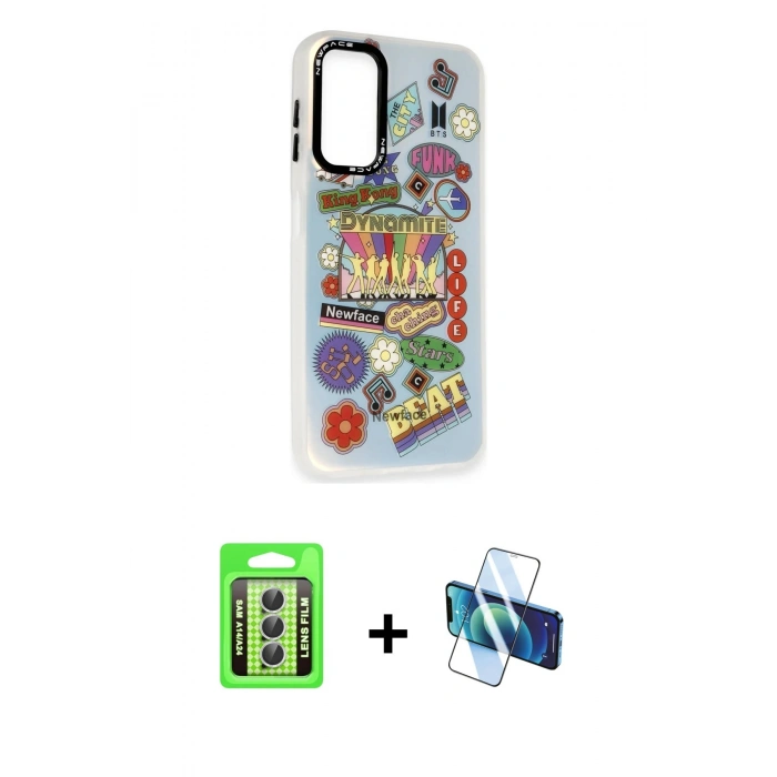 MARSİLYAN™- Galaxy A24 4G Kılıf Siluet Çizgi Koleksiyonu - Siyah 3D Antistatik Seramik Nano Ekran Koruyucu + Raze Metal Kamera Lens - GS