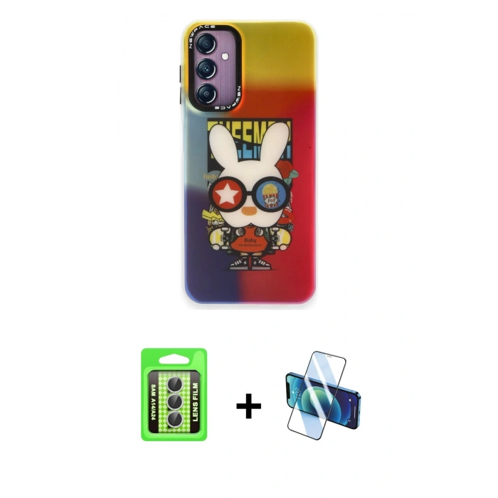MARSİLYAN™- Galaxy A24 4G Kılıf Siluet Çizgi Koleksiyonu - Siyah 3D Antistatik Seramik Nano Ekran Koruyucu + Raze Metal Kamera Lens - GS