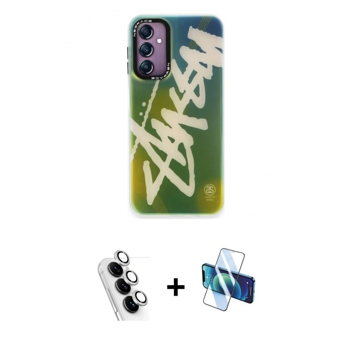 MARSİLYAN™- Galaxy A24 4G Kılıf Siluet Çizgi Koleksiyonu - Siyah 3D Antistatik Seramik Nano Ekran Koruyucu + Valdez Metal Kamera Lens - GS