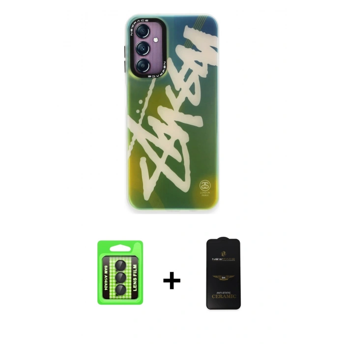 MARSİLYAN™- Galaxy A24 4G Kılıf Siluet Çizgi Koleksiyonu - Siyah 6D Antistatik Mat Seramik Hayalet Nano Ekran Koruyucu + Raze Metal Kamera Lens - SH