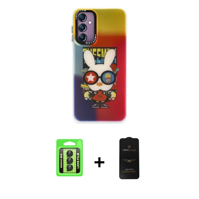 MARSİLYAN™- Galaxy A24 4G Kılıf Siluet Çizgi Koleksiyonu - Siyah 6D Antistatik Mat Seramik Hayalet Nano Ekran Koruyucu + Raze Metal Kamera Lens - SH