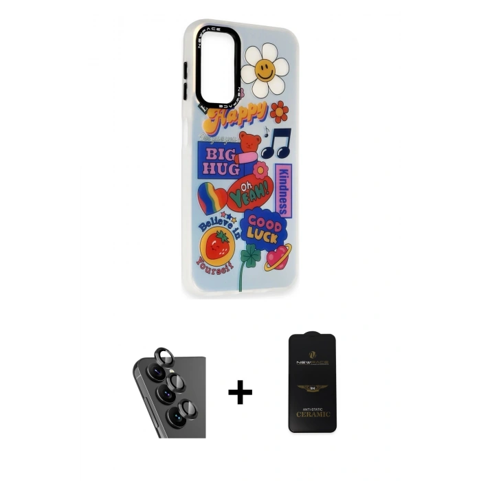 MARSİLYAN™- Galaxy A24 4G Kılıf Siluet Çizgi Koleksiyonu - Siyah 6D Antistatik Mat Seramik Hayalet Nano Ekran Koruyucu + Valdez Metal Kamera Lens - SH
