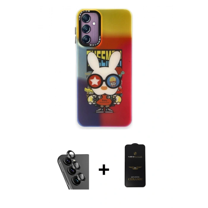 MARSİLYAN™- Galaxy A24 4G Kılıf Siluet Çizgi Koleksiyonu - Siyah 6D Antistatik Mat Seramik Hayalet Nano Ekran Koruyucu + Valdez Metal Kamera Lens - SH