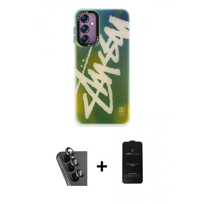 MARSİLYAN™- Galaxy A24 4G Kılıf Siluet Çizgi Koleksiyonu - Siyah 6D Antistatik Mat Seramik Hayalet Nano Ekran Koruyucu + Valdez Metal Kamera Lens - SH