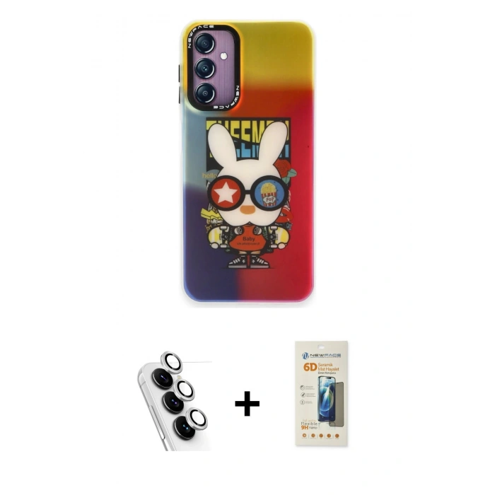 MARSİLYAN™- Galaxy A24 4G Kılıf Siluet Çizgi Koleksiyonu - Siyah 6D Mat Seramik Hayalet Nano Ekran Koruyucu + Gümüş Valdez Metal Kamera Lens