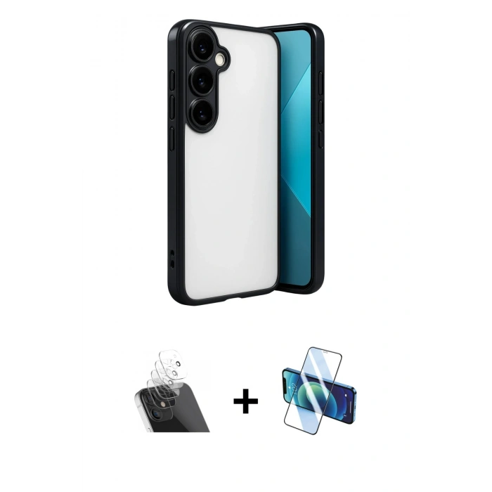 MARSİLYAN™- Galaxy A24 4G Kılıf Vadi Minimal - Siyah 3D Antistatik Cam Ekran Koruyucu + Kamera Lens Koruma Cam - SF