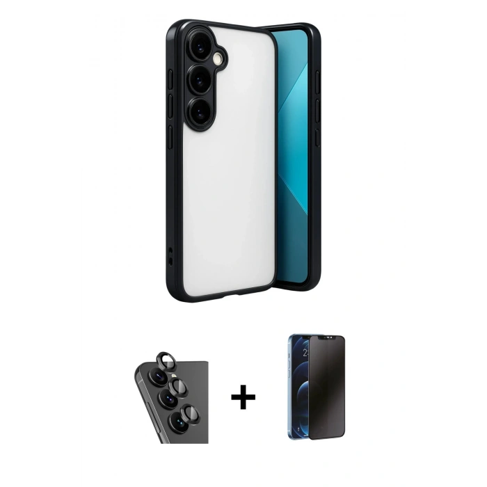 MARSİLYAN™- Galaxy A24 4G Kılıf Vadi Minimal - Siyah 3D Antistatik Hayalet Cam Ekran Koruyucu + Valdez Metal Kamera Lens - SH