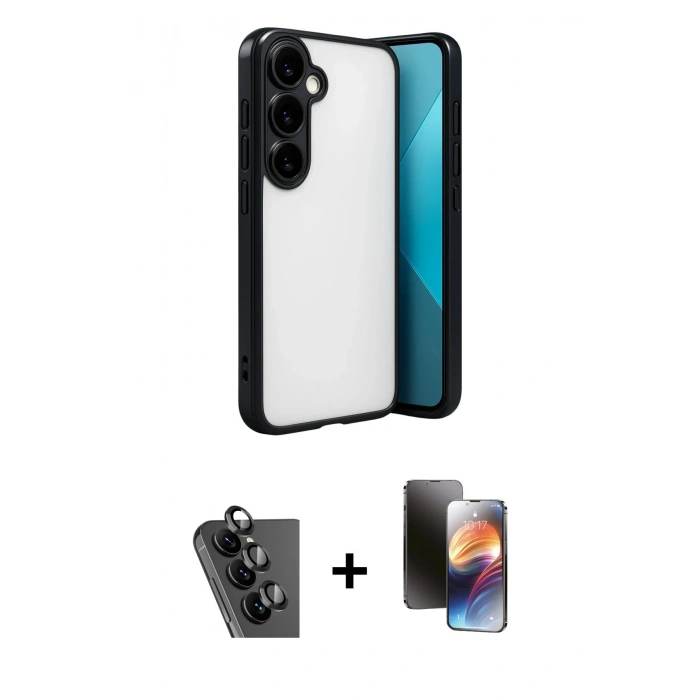 MARSİLYAN™- Galaxy A24 4G Kılıf Vadi Minimal - Siyah 3D Antistatik Mat Seramik Nano Ekran Koruyucu + Valdez Metal Kamera Lens - SH