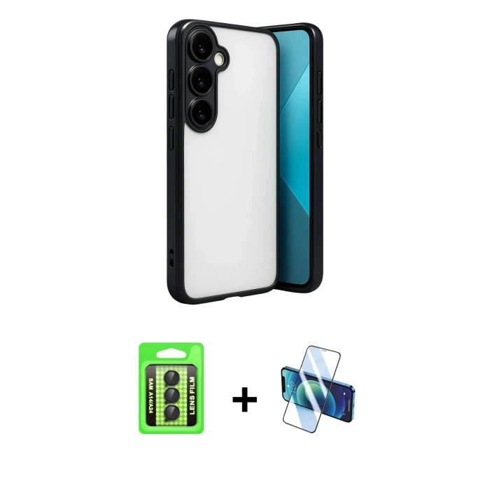 MARSİLYAN™- Galaxy A24 4G Kılıf Vadi Minimal - Siyah 3D Antistatik Seramik Nano Ekran Koruyucu + Raze Metal Kamera Lens - SH