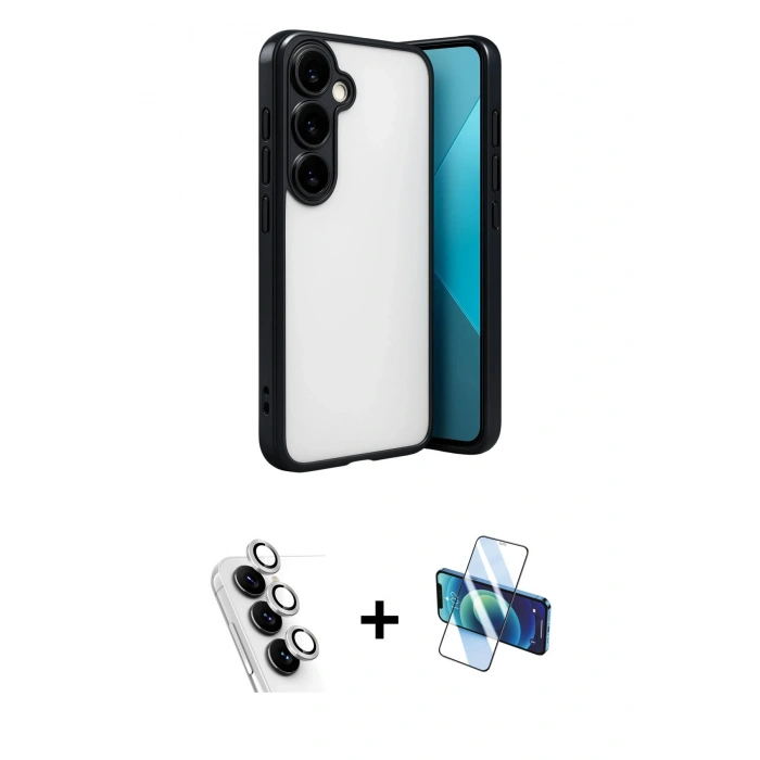 MARSİLYAN™- Galaxy A24 4G Kılıf Vadi Minimal - Siyah 3D Antistatik Seramik Nano Ekran Koruyucu + Valdez Metal Kamera Lens - GS