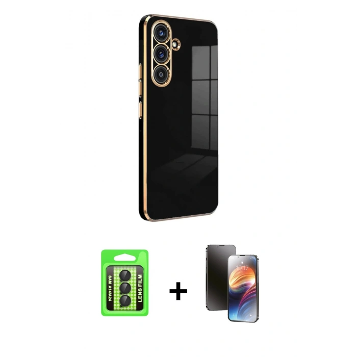 MARSİLYAN™- Galaxy A24 4G Kılıf Yankı Serisi - Siyah 3D Antistatik Mat Seramik Nano Ekran Koruyucu + Raze Metal Kamera Lens - SH