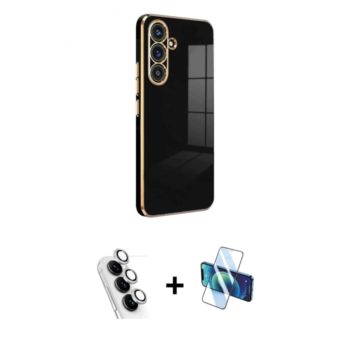 MARSİLYAN™- Galaxy A24 4G Kılıf Yankı Serisi - Siyah 3D Antistatik Seramik Nano Ekran Koruyucu + Valdez Metal Kamera Lens - GS