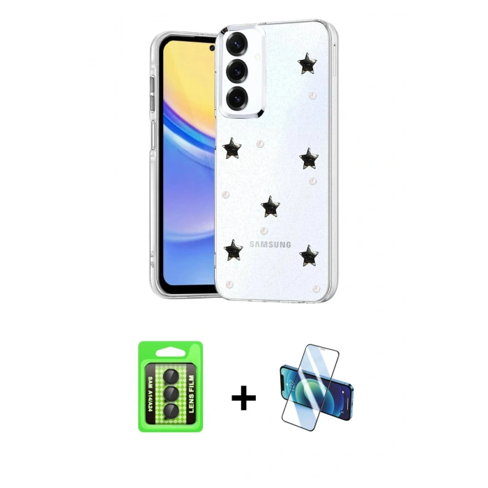 MARSİLYAN™- Galaxy A24 4G Kılıf Yörünge Form - Siyah 3D Antistatik Seramik Nano Ekran Koruyucu + Raze Metal Kamera Lens - SH