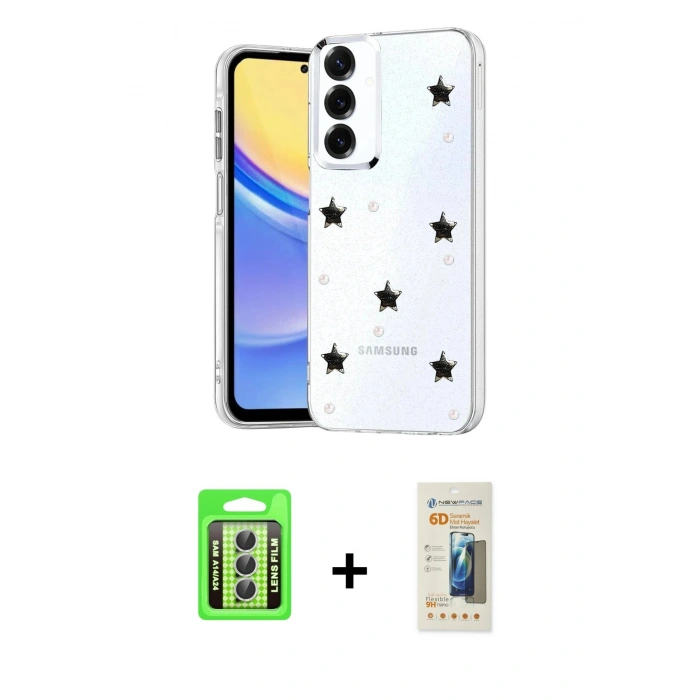 MARSİLYAN™- Galaxy A24 4G Kılıf Yörünge Form - Siyah 6D Mat Seramik Hayalet Nano Ekran Koruyucu + Raze Metal Kamera Lens - GS