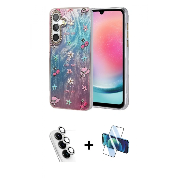 MARSİLYAN™- Galaxy A24 4G Kılıf Zirve Modern Prime - Siyah 3D Antistatik Cam Ekran Koruyucu + Valdez Metal Kamera Lens - GS