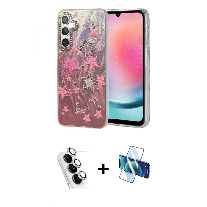 MARSİLYAN™- Galaxy A24 4G Kılıf Zirve Modern Prime - Siyah 3D Antistatik Cam Ekran Koruyucu + Valdez Metal Kamera Lens - GS