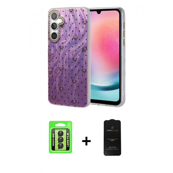 MARSİLYAN™- Galaxy A24 4G Kılıf Zirve Modern Prime - Siyah 6D Antistatik Mat Seramik Hayalet Nano Ekran Koruyucu + Raze Metal Kamera Lens - SH