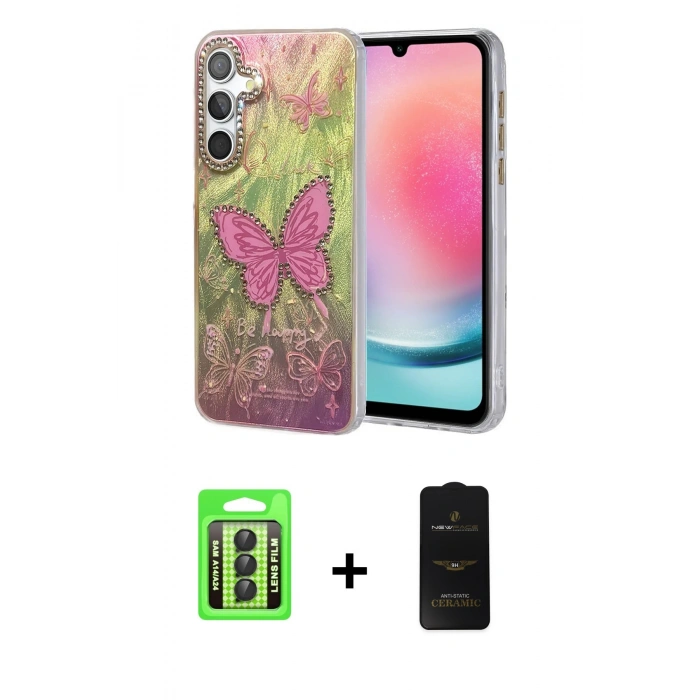 MARSİLYAN™- Galaxy A24 4G Kılıf Zirve Modern Prime - Siyah 6D Antistatik Mat Seramik Hayalet Nano Ekran Koruyucu + Raze Metal Kamera Lens - SH