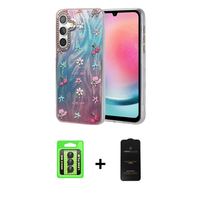 MARSİLYAN™- Galaxy A24 4G Kılıf Zirve Modern Prime - Siyah 6D Antistatik Mat Seramik Hayalet Nano Ekran Koruyucu + Raze Metal Kamera Lens - SH