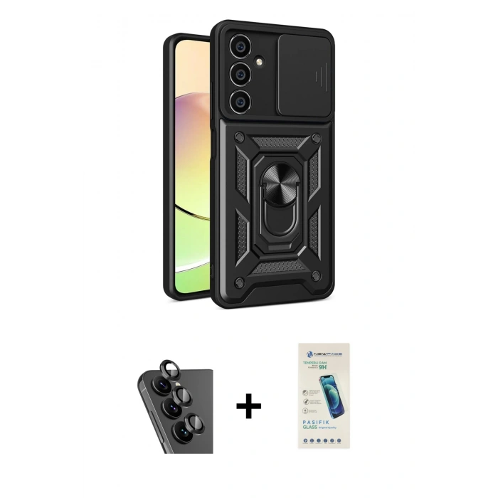 MARSİLYAN™- Galaxy A25 5G Kılıf Ahenk Klasik - Şeffaf Pasifik Cam Ekran Koruyucu + Valdez Metal Kamera Lens - SH