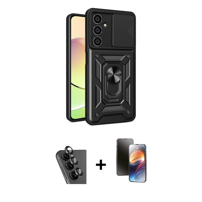 MARSİLYAN™- Galaxy A25 5G Kılıf Ahenk Klasik - Siyah 3D Antistatik Mat Seramik Nano Ekran Koruyucu + Valdez Metal Kamera Lens - SH