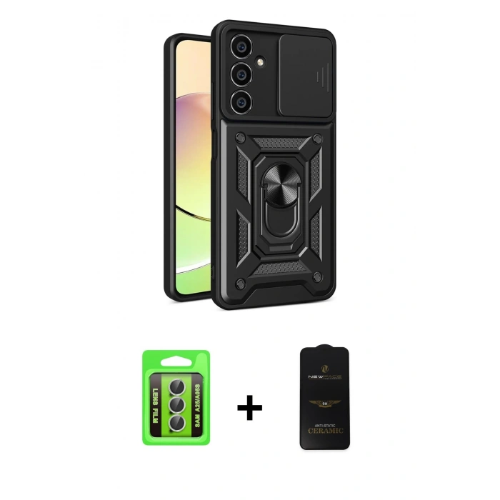 MARSİLYAN™- Galaxy A25 5G Kılıf Ahenk Klasik - Siyah 6D Antistatik Mat Seramik Hayalet Nano Ekran Koruyucu + Raze Metal Kamera Lens - GS