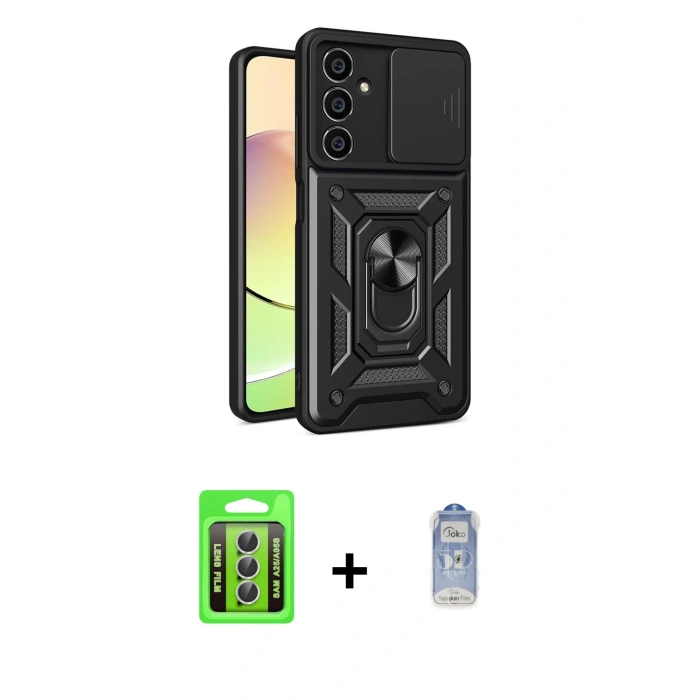 MARSİLYAN™- Galaxy A25 5G Kılıf Ahenk Klasik - Siyah Joko Magic 5D Cam + Raze Metal Kamera Lens - GS